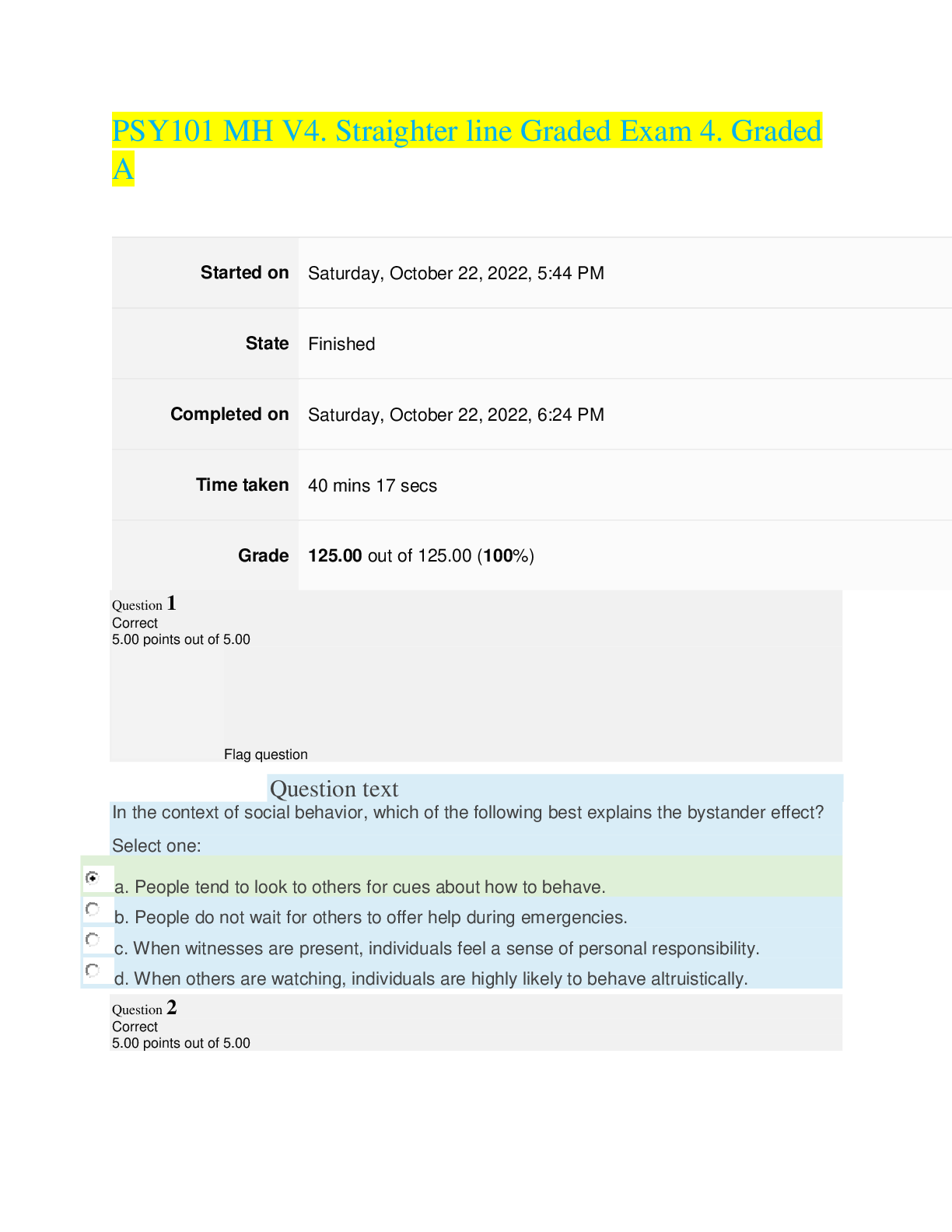 Preview image for PSY101 MH V4. Straighter line Graded Exam 4. Graded A. 2022 updates. october Quizzes